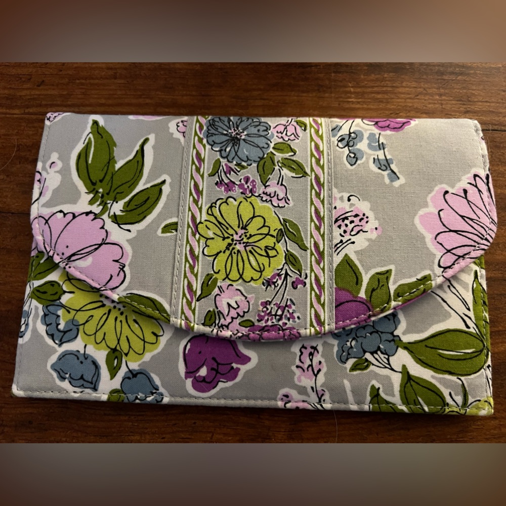 Gray Vera Bradley clutch with purple/green flowers